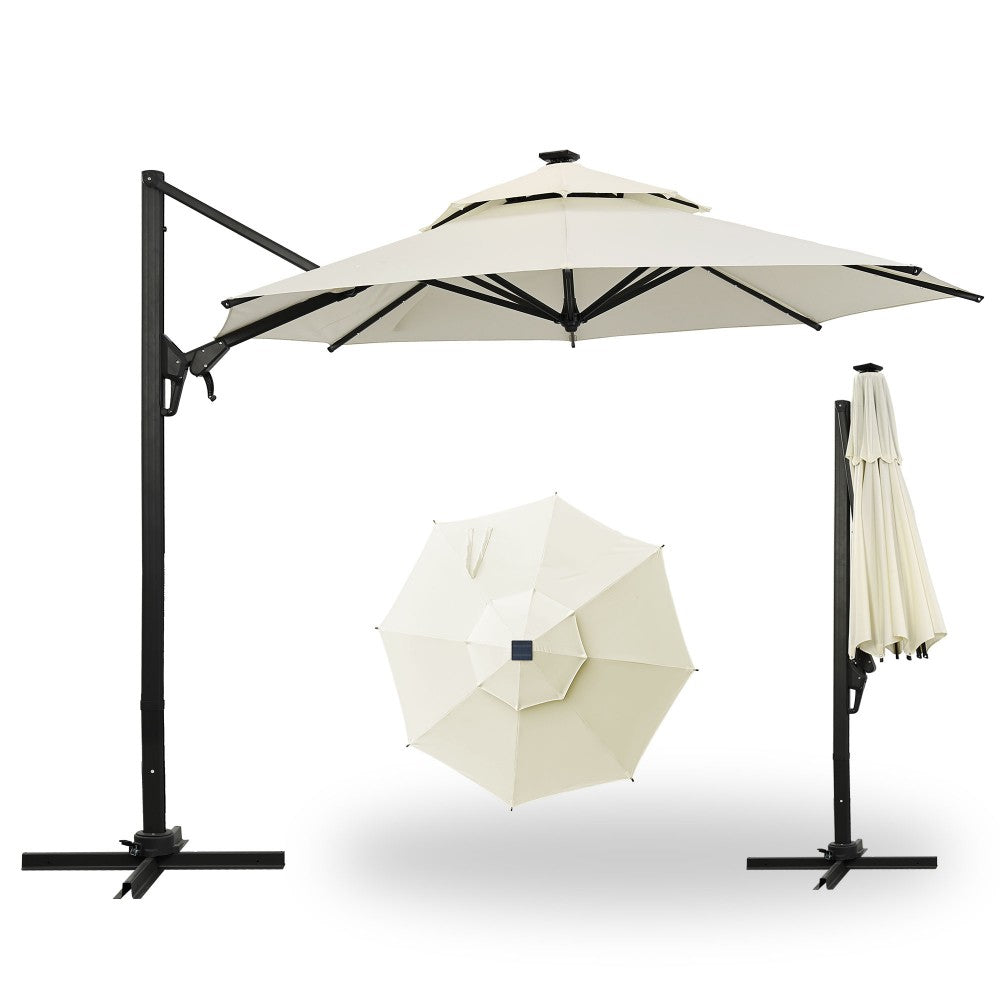 Ainfox 10ft Double Top Heavy-Duty Patio Cantilever Umbrella with lights and Cross Base,5-Year-Non-Fading Outdoor Large Offset Hanging Aluminum Rotation Sun Shade Solar Umbrella