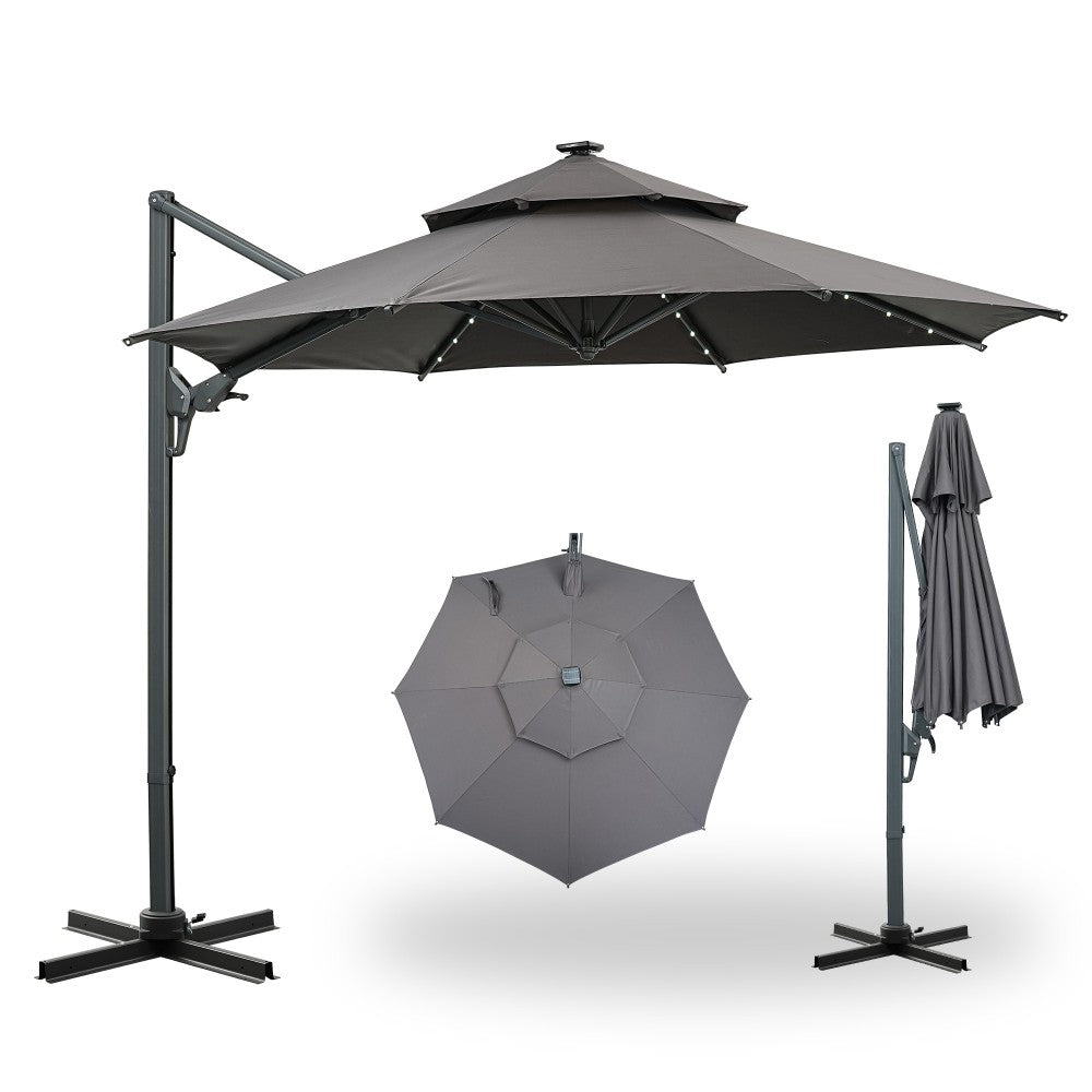 Ainfox 10ft Double Top Heavy-Duty Patio Cantilever Umbrella with lights and Cross Base,5-Year-Non-Fading Outdoor Large Offset Hanging Aluminum Rotation Sun Shade Solar Umbrella