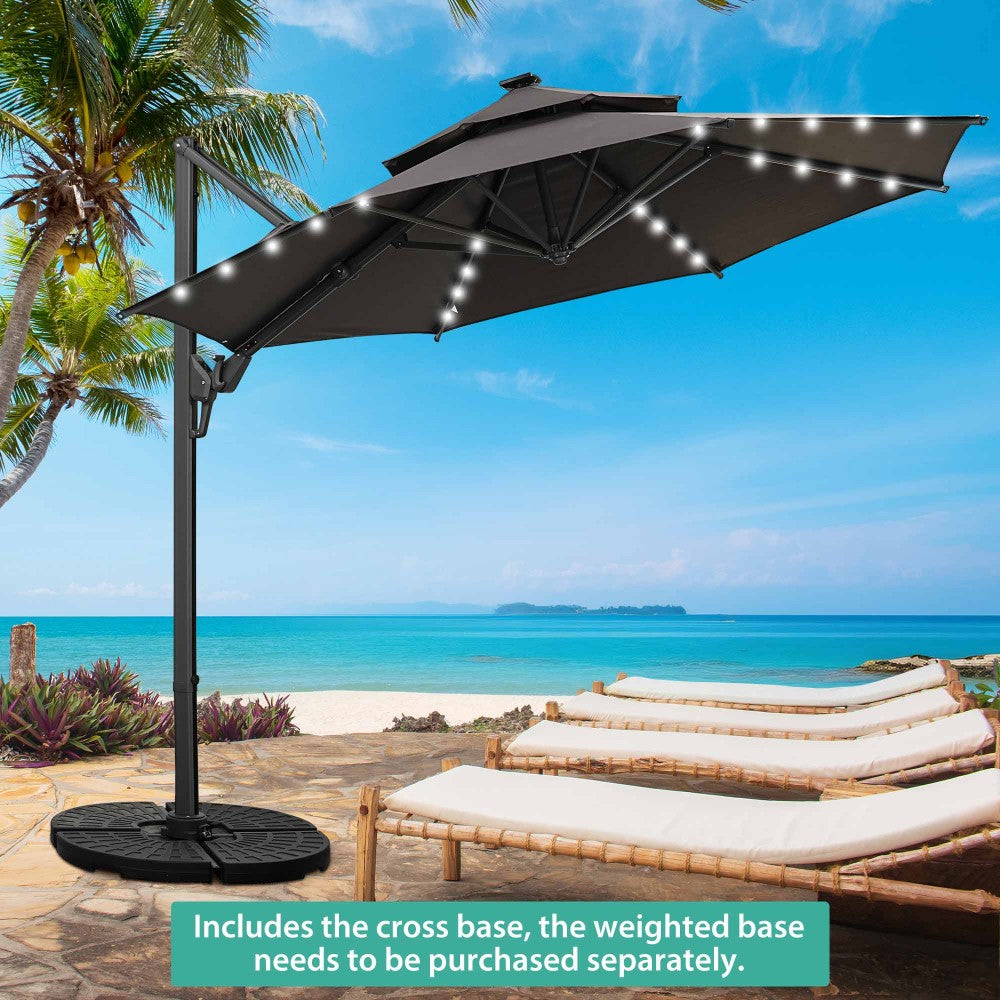 Ainfox 10ft Double Top Heavy-Duty Patio Cantilever Umbrella with lights and Cross Base,5-Year-Non-Fading Outdoor Large Offset Hanging Aluminum Rotation Sun Shade Solar Umbrella