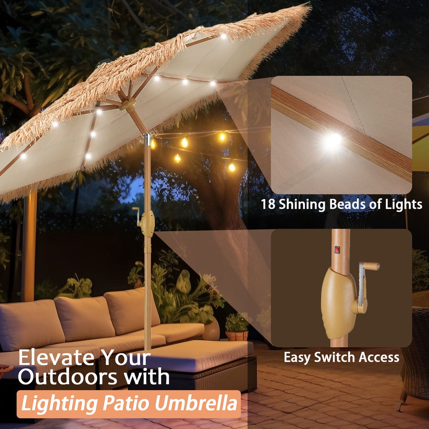 Ainfox 7.5ft Hula Thatched Tiki Umbrella with 18 Solar LED Lights, 6 Ribs, Push Button Tilt (No Base)