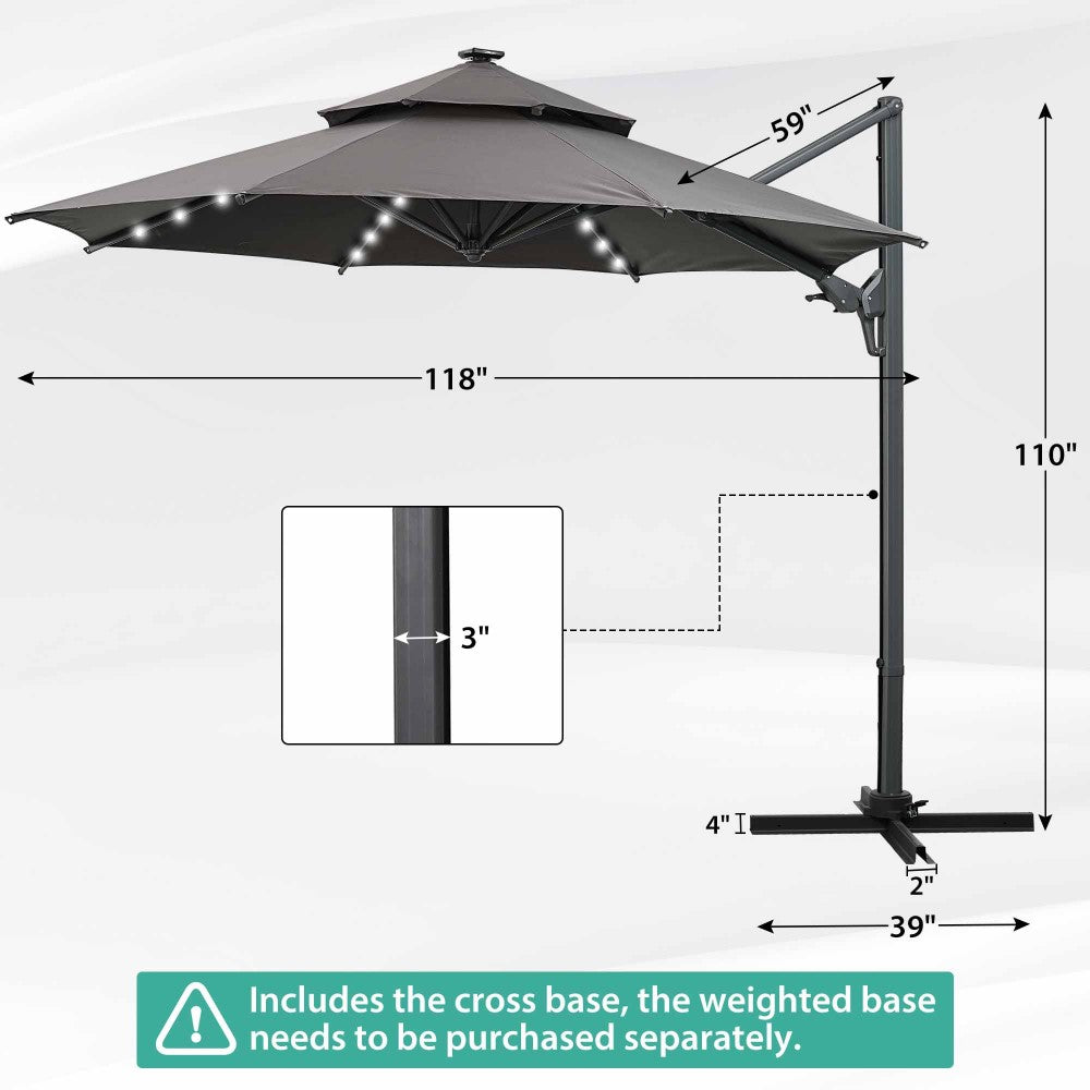 Ainfox 10ft Double Top Heavy-Duty Patio Cantilever Umbrella with lights and Cross Base,5-Year-Non-Fading Outdoor Large Offset Hanging Aluminum Rotation Sun Shade Solar Umbrella