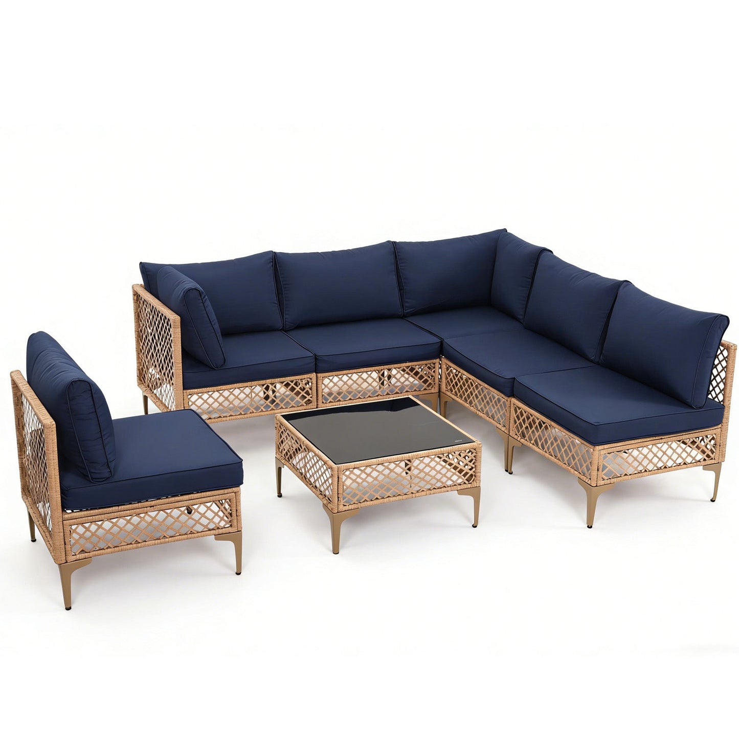 Ainfox 7 Pieces Outdoor Wicker Modular Patio Sectional Set with Thick Cushions & Tempered Glass Table