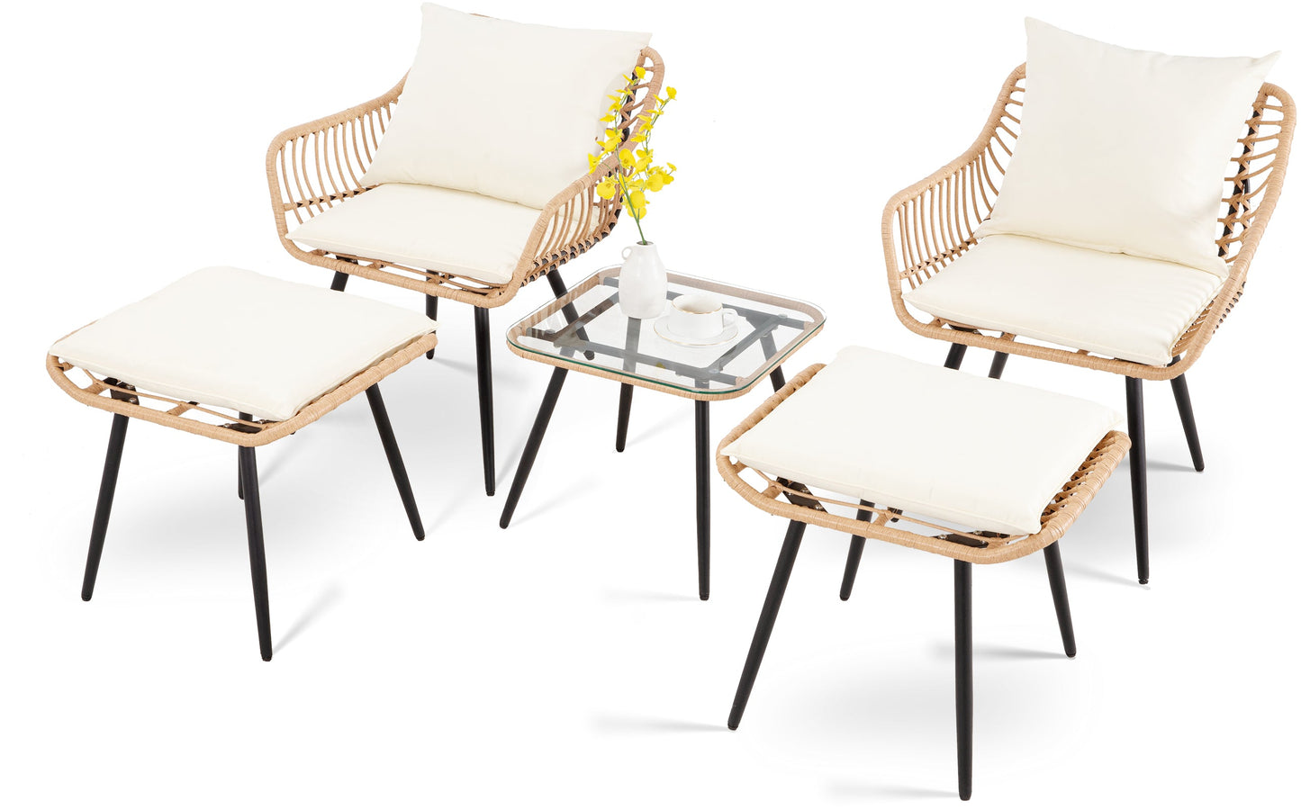 Ainfox 5 Pieces Outdoor Wicker Modular Patio Sectional Set with Thick Cushions & Tempered Glass Table