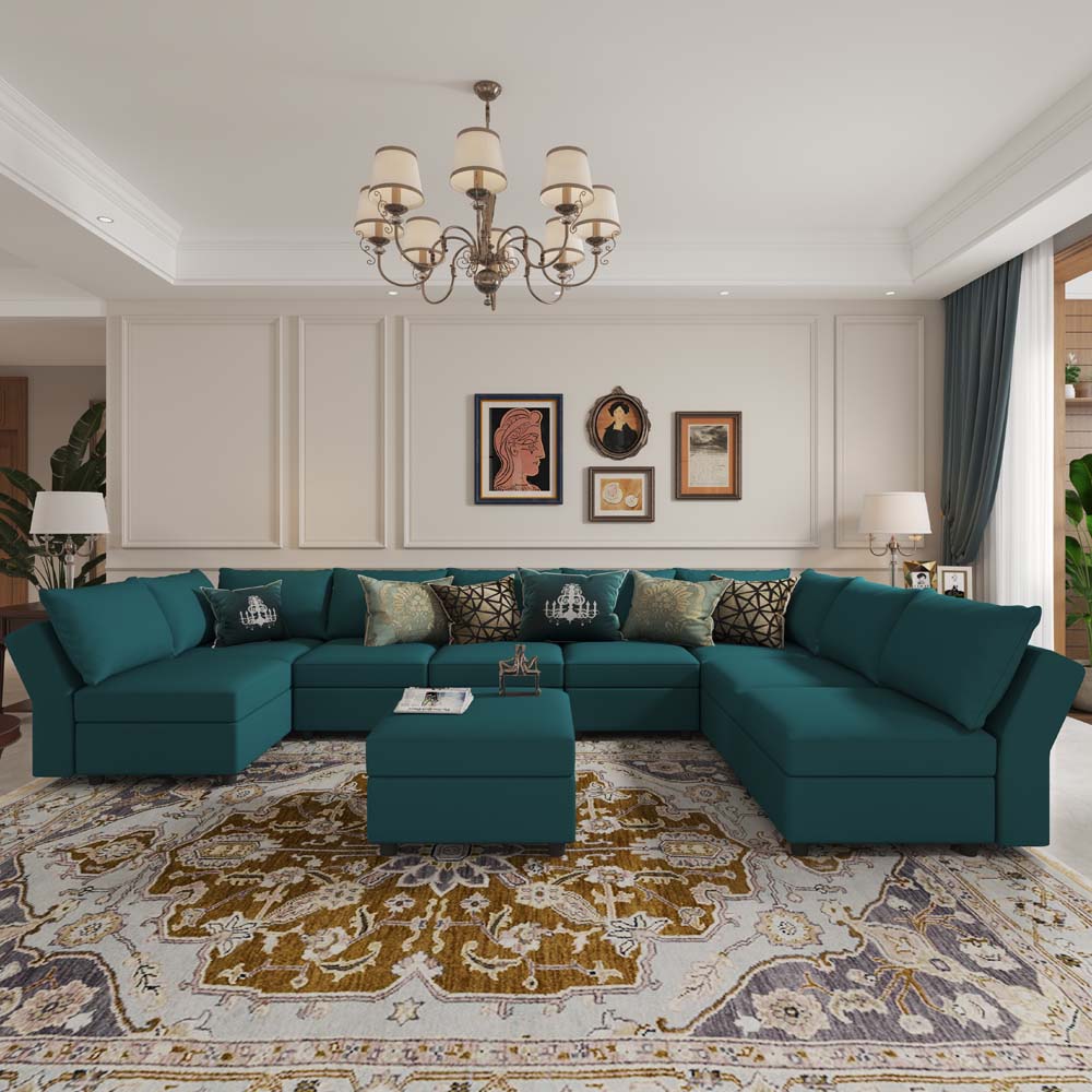 Ainfox U Shaped 8 Seats +8 Sides Modular Sectional Sofa Sleeper Sofa Flannel Sofa with Storage Seat