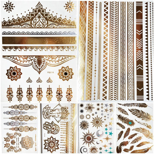 1PC Gold Chain Bracelet Tattoo Sticker Summer Style Fake Jewelry Temporary Tattoo Waterproof Gold Sliver Glitter Body Face Tattoo For Womens