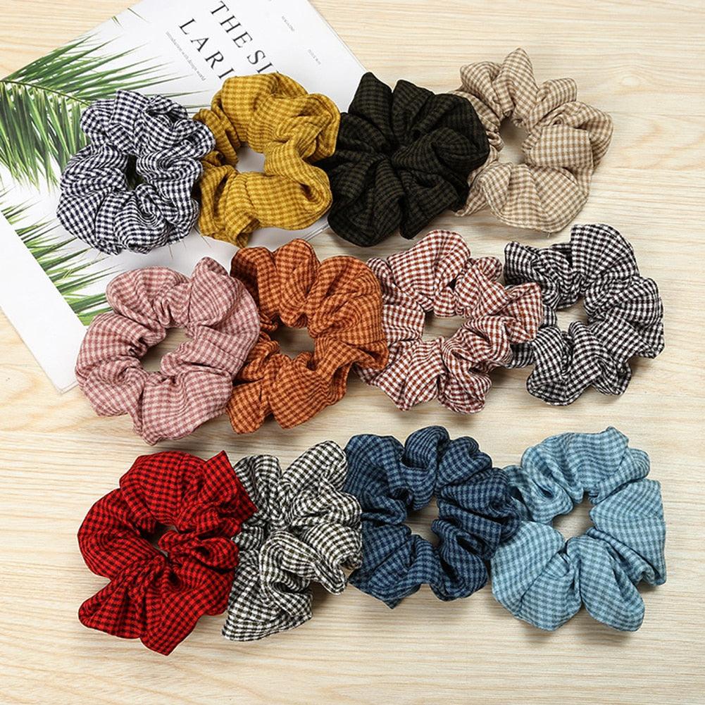 1PC Vintage Scrunchie Stretch Headband Dot Plaid Scrunchies Women Elastic Hair Bands Girls Hair Ties Striped Ponytail Holder Accessories for Women
