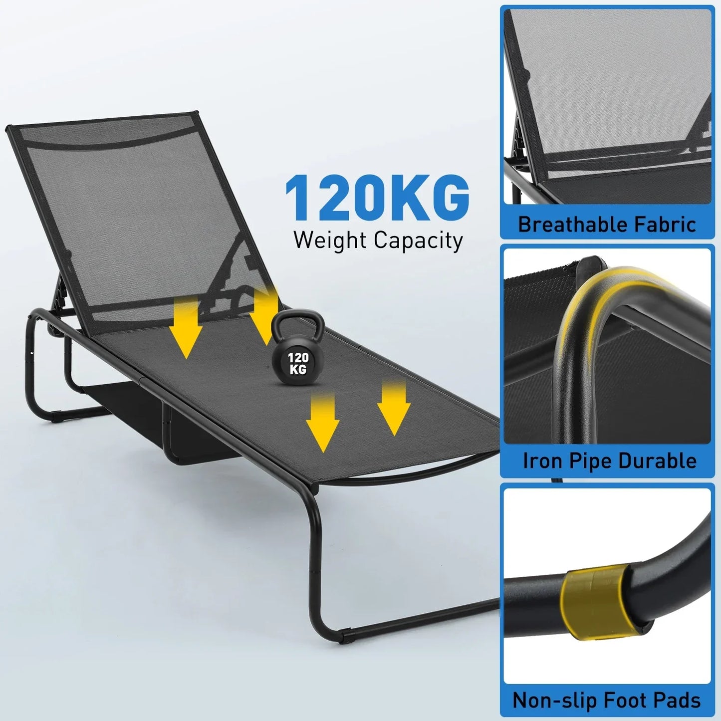 Ainfox Patio Chaise Lounge Chair, 5 Adjustable Positions Outdoor Recliner with Hidden Storage, Breathable Textilene Fabric Steel Frame