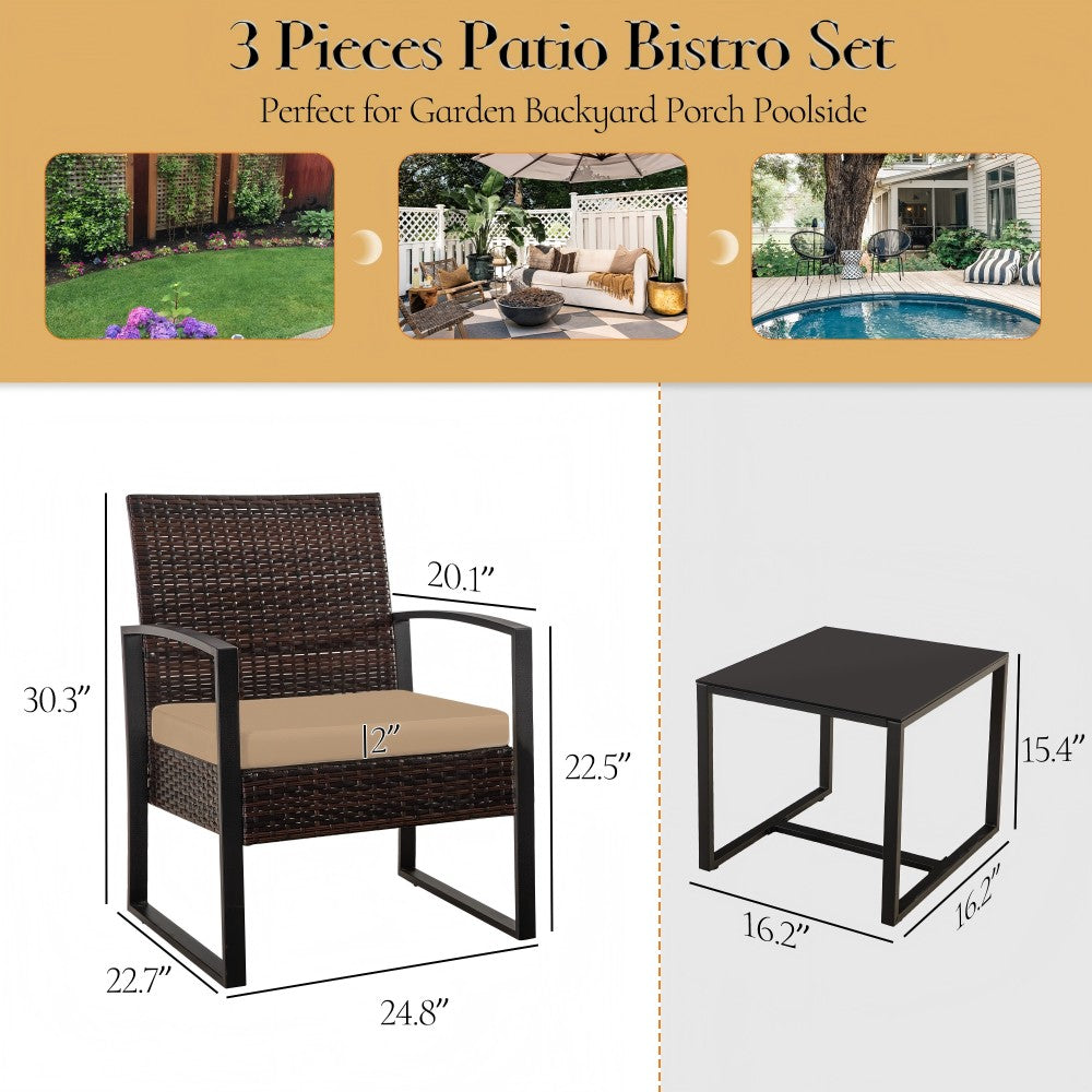 Ainfox  3 Pieces Outdoor Patio Sofa Set, Patio Bistro Set, All-Weather Wicker Conversation Set