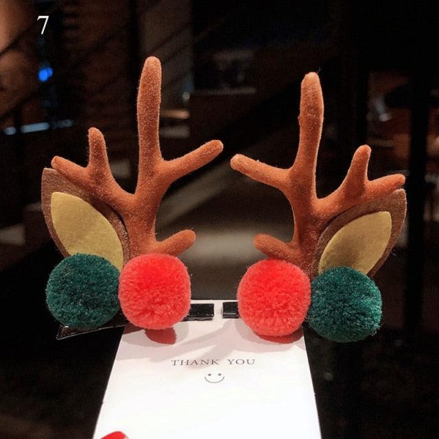 2pcs Cute Deer Ear Hairpins Christmas Hair Clips For Girls Cartoon Antlers Barrettes Lovely Pompom Hairgrips Fashion Hair Accessories For Women