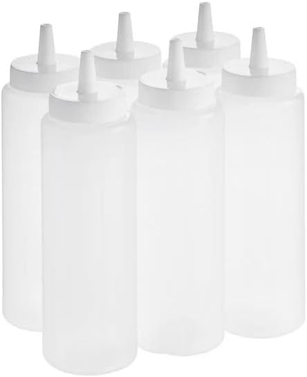 Six clear 8 fl oz condiment squeeze bottles