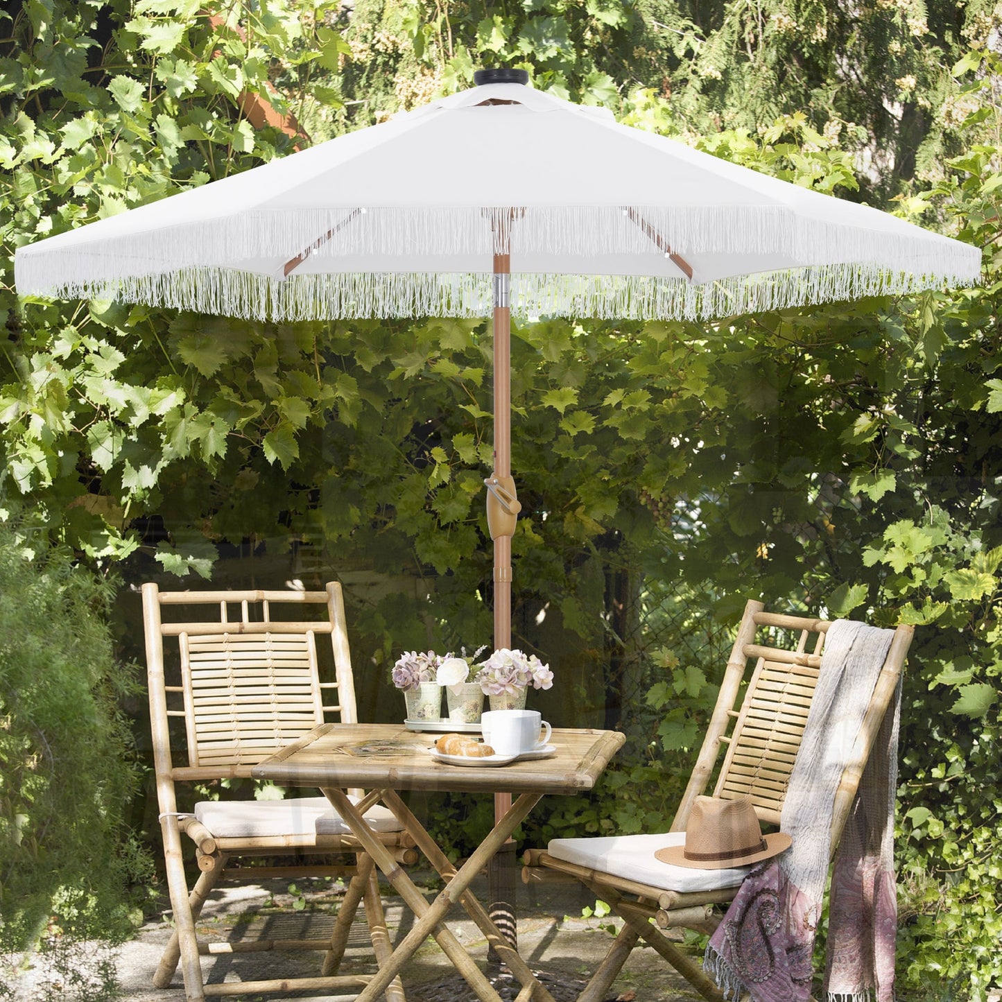 Ainfox 7.5ft Boho Fringe Patio Umbrella with Solar LED Lights, UV Protected Outdoor Umbrella
