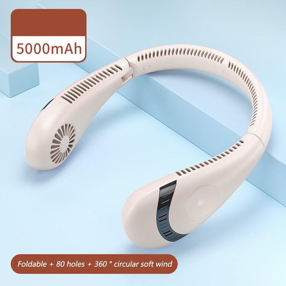 4000mAh Hanging Neck Fan USB Handheld Mute LED Digital Display Leafless Mini Electric Fan with LED Light 5 Gear Air Cooling Fans Digital Display Leafless Mini Electric Colorful Gear 5th Fan