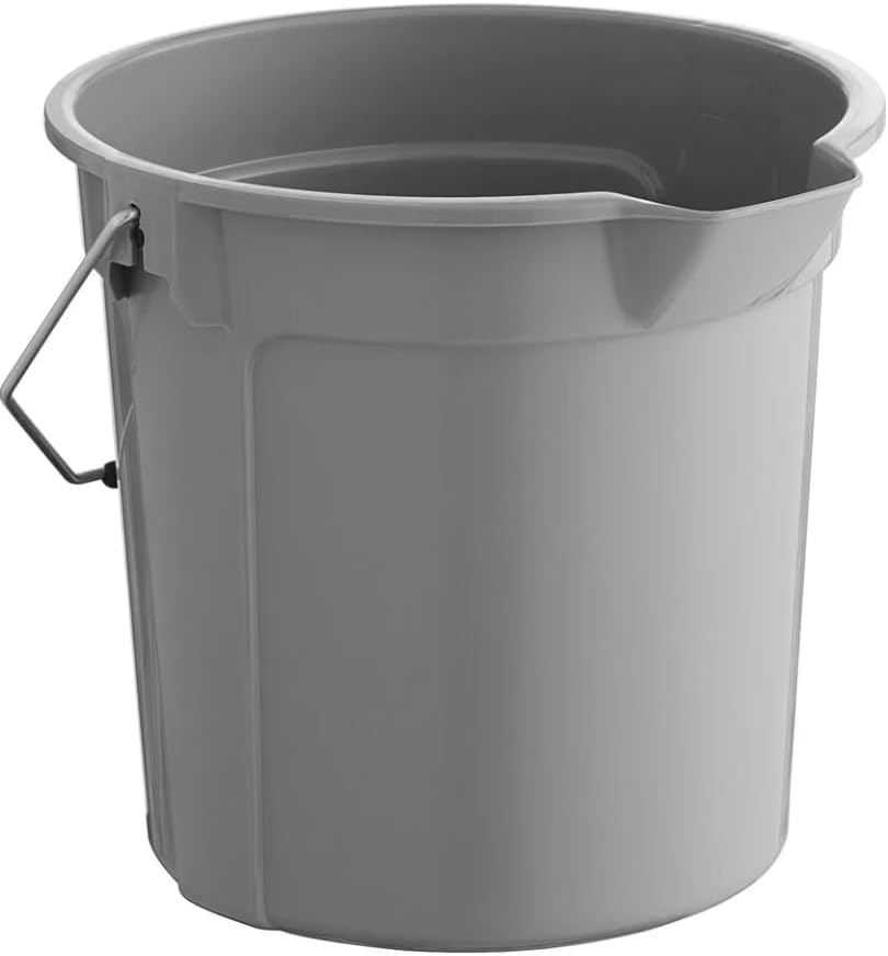 Gray 14 qt round plastic bucket with metal handle and pour spout