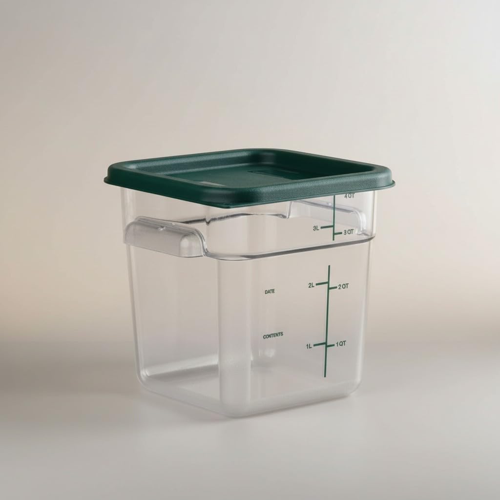 Clear 4 qt square food container with green lid
