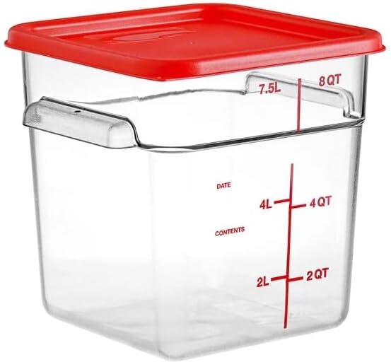 Clear 8 qt square food storage container with red lid