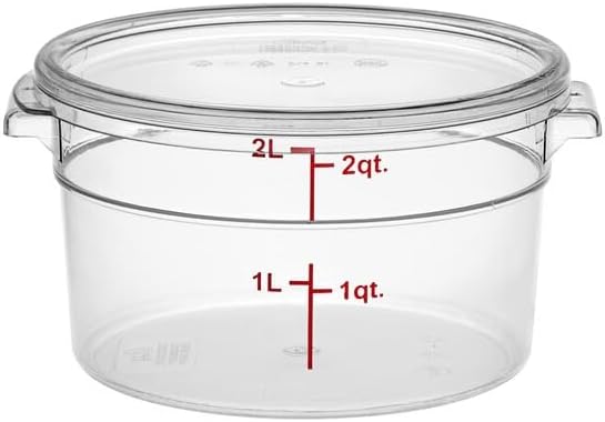 Round Polycarbonate Food Storage Container with Lid, Clear, 2 Qt, Stackable, Measurement Markings