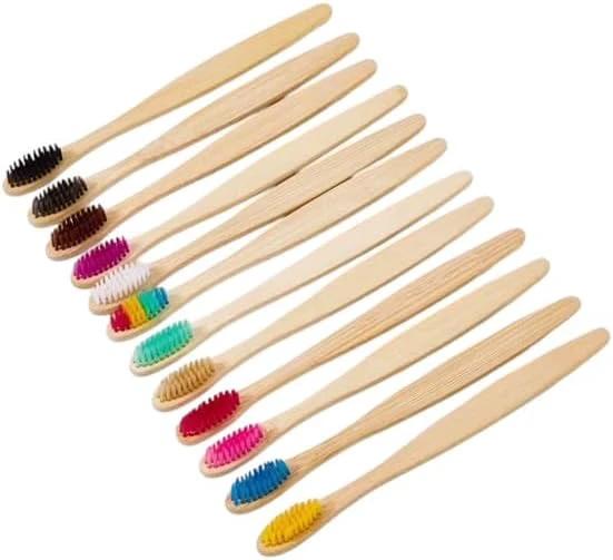 Natural Bamboo Toothbrushes, Colorful Soft Bristles, Manual, Adult, 10 Pack by HM