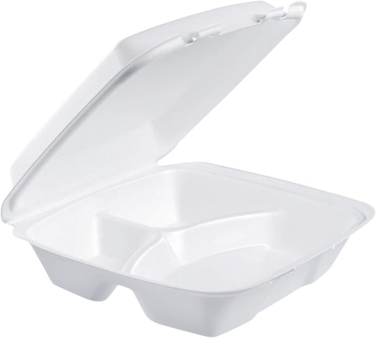 9-inch Foam Food Container, 3-Compartment Disposable Plates with U-Vent Style Lids, 100-Pack, Takeout Food Boxes for Meal Prep, Restaurant, Catering, To-Go Containers.