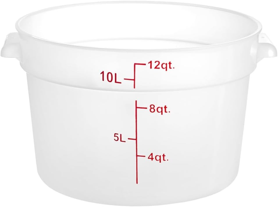 12 Qt. Round Food Storage Container, Translucent White, Polypropylene, with Measurement Markings