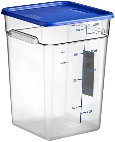 Clear 22 qt square food storage container with blue lid