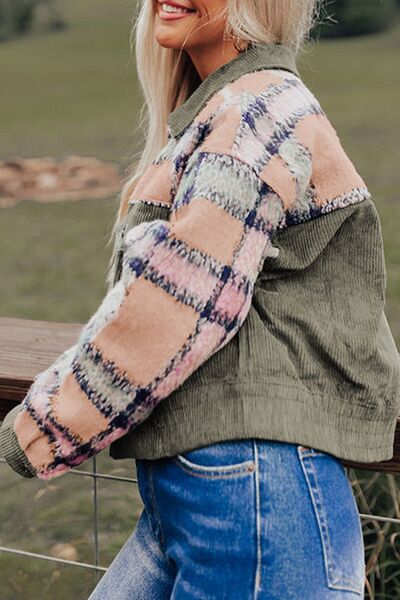 Plaid Corduroy Flap Pockets Button Up Jacket Trendy Outerwear With Classic Flap Pockets For Casual Comfort