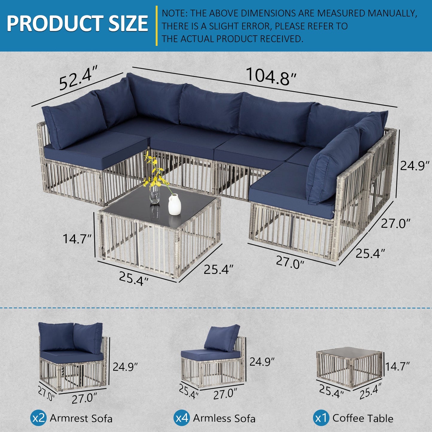 Ainfox 7 Piece Outdoor Sectional Furniture Set with Cushions, Wicker Patio Conversation Set Outdoor Sectional Sofa, All-Weather for Garden, Backyard and Poolside