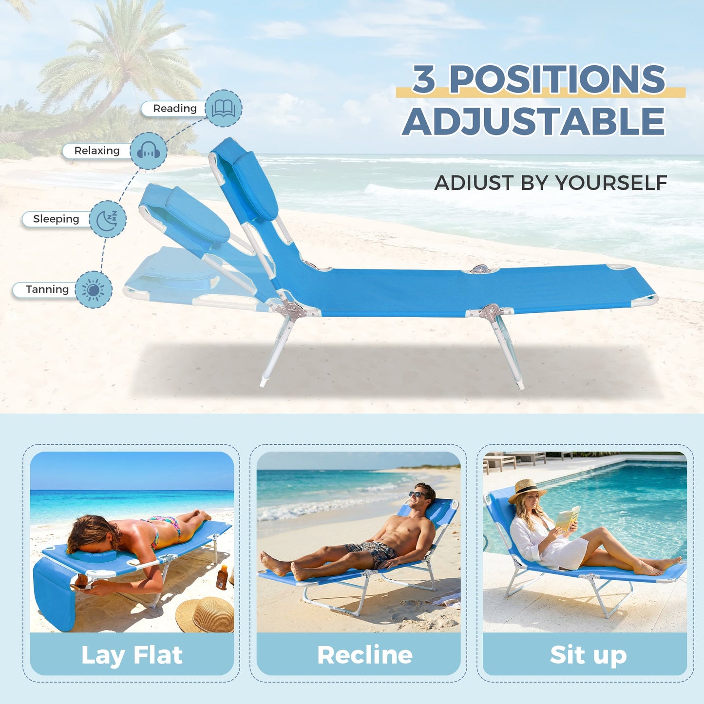 Ainfox 2PCS Folding Chaise Lounge Chair, Patio Sun Tanning Lounger Reclining Back