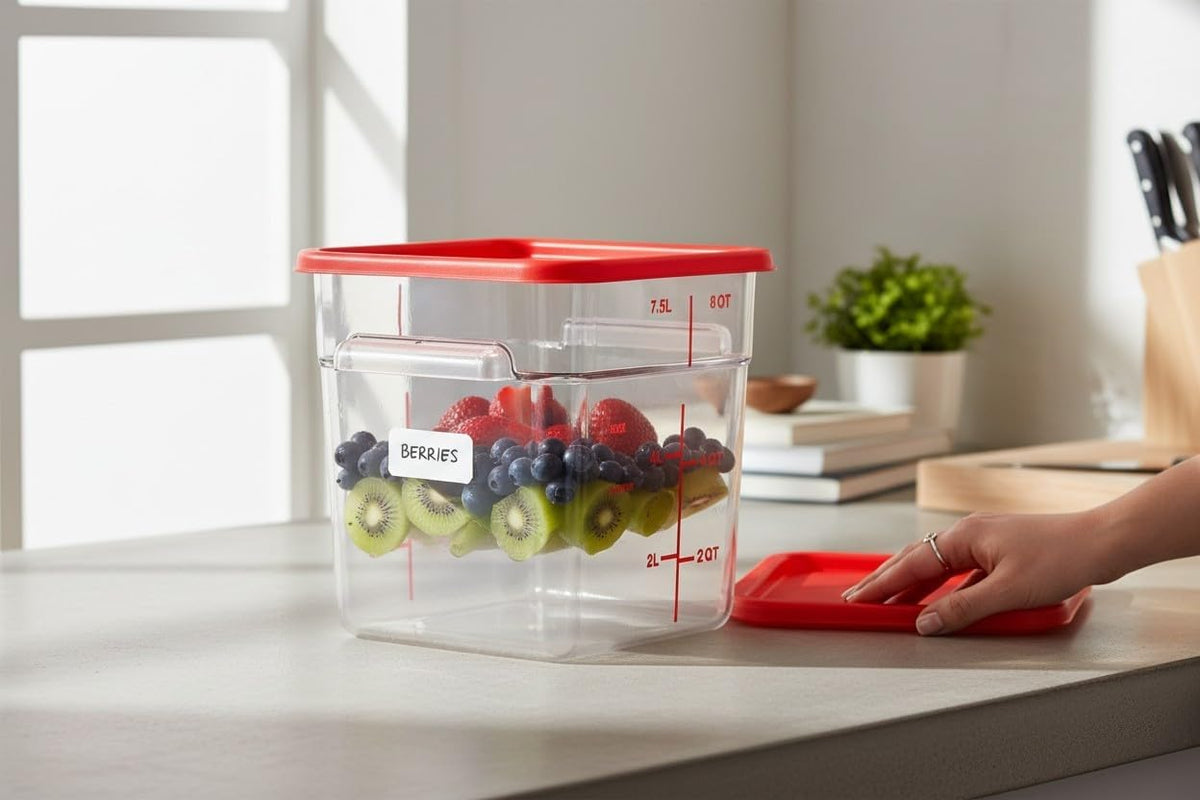 Red lid beside a filled square food container