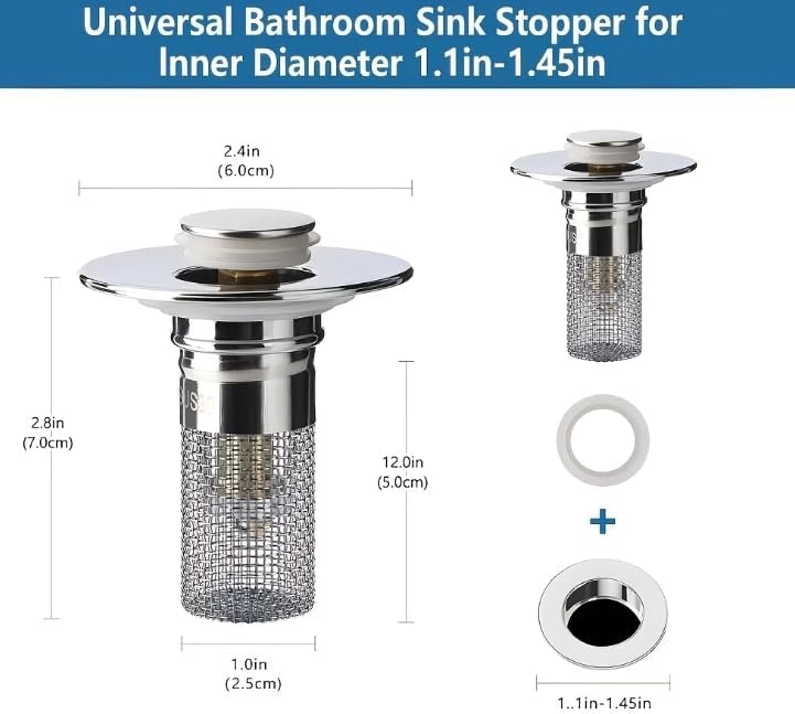 Pop-Up Sink Drain Stopper with SUS304 Stainless Steel Filter Basket, Chrome Silver, Fits 1.1-1.45 in, 2 Pack