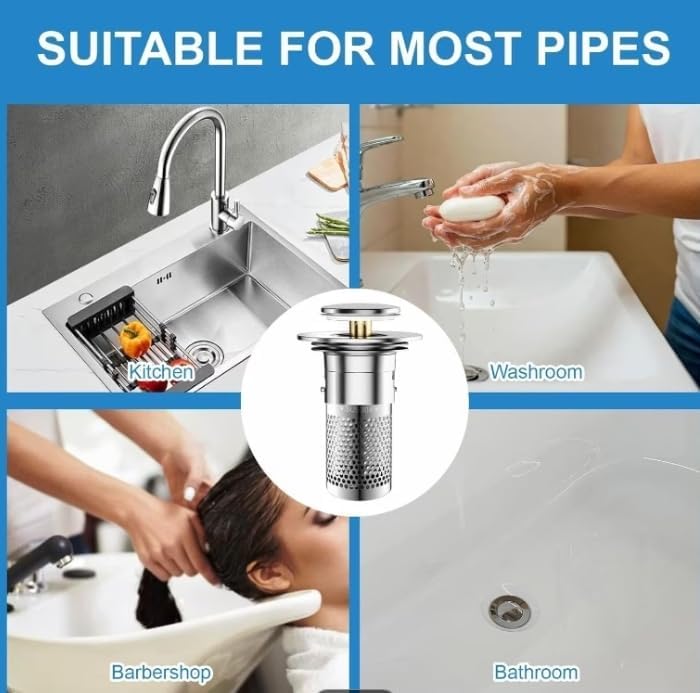 Pop-Up Sink Drain Stopper with SUS304 Stainless Steel Filter Basket, Chrome Silver, Fits 1.1-1.45 in, 2 Pack