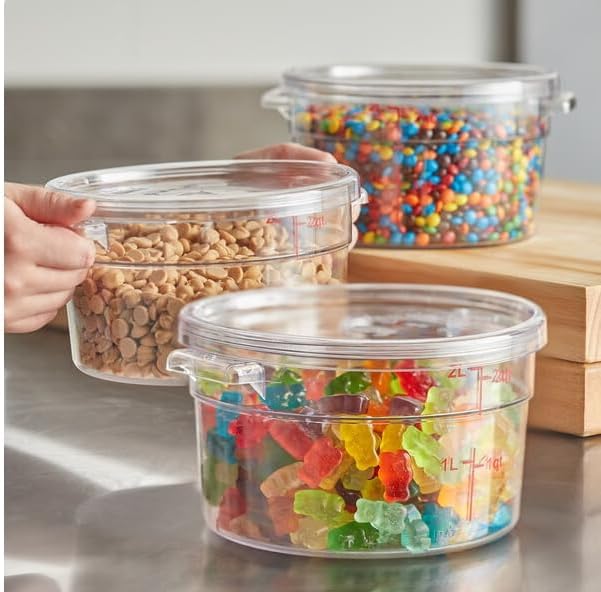 Round Polycarbonate Food Storage Container with Lid, Clear, 2 Qt, Stackable, Measurement Markings