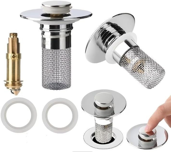 Pop-Up Sink Drain Stopper with SUS304 Stainless Steel Filter Basket, Chrome Silver, Fits 1.1-1.45 in, 2 Pack