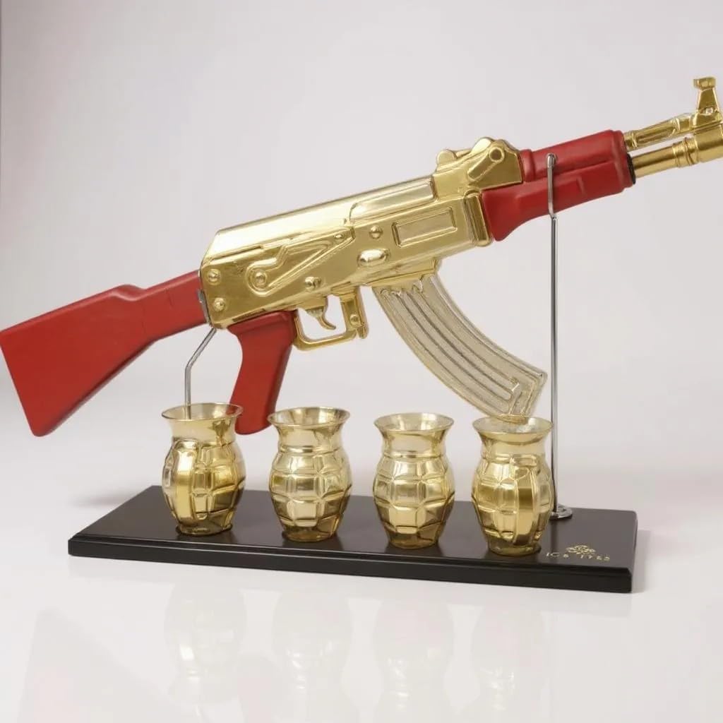 Luxury Gold AK-47 Whiskey Decanter Set, Red Accents, Glass Rifle Display Stand with 4 Grenade Shot Glasses,