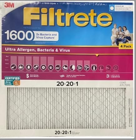 Filtrate Ultra Allergen 2X Bacteria & Virus Filter (1600 MPR), 20x20x1 (4 Pack)