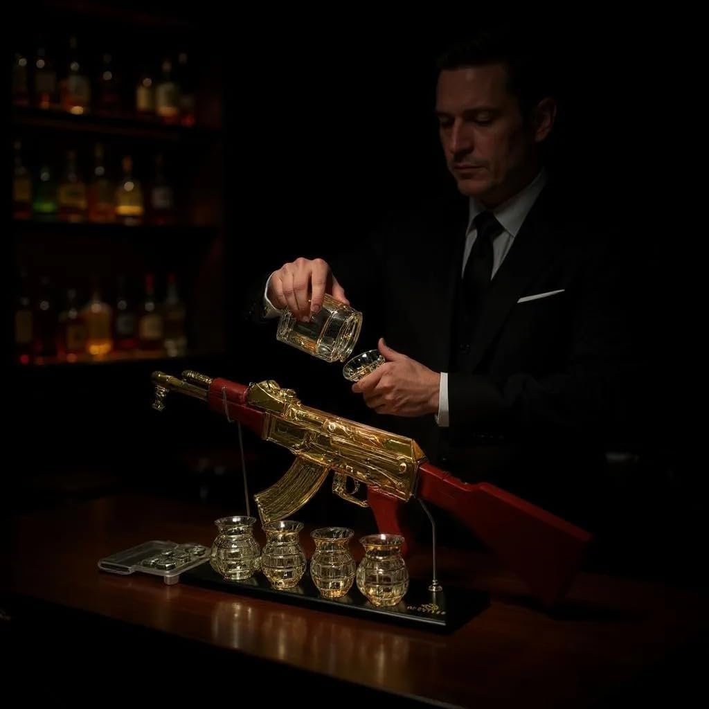 Luxury Gold AK-47 Whiskey Decanter Set, Red Accents, Glass Rifle Display Stand with 4 Grenade Shot Glasses,