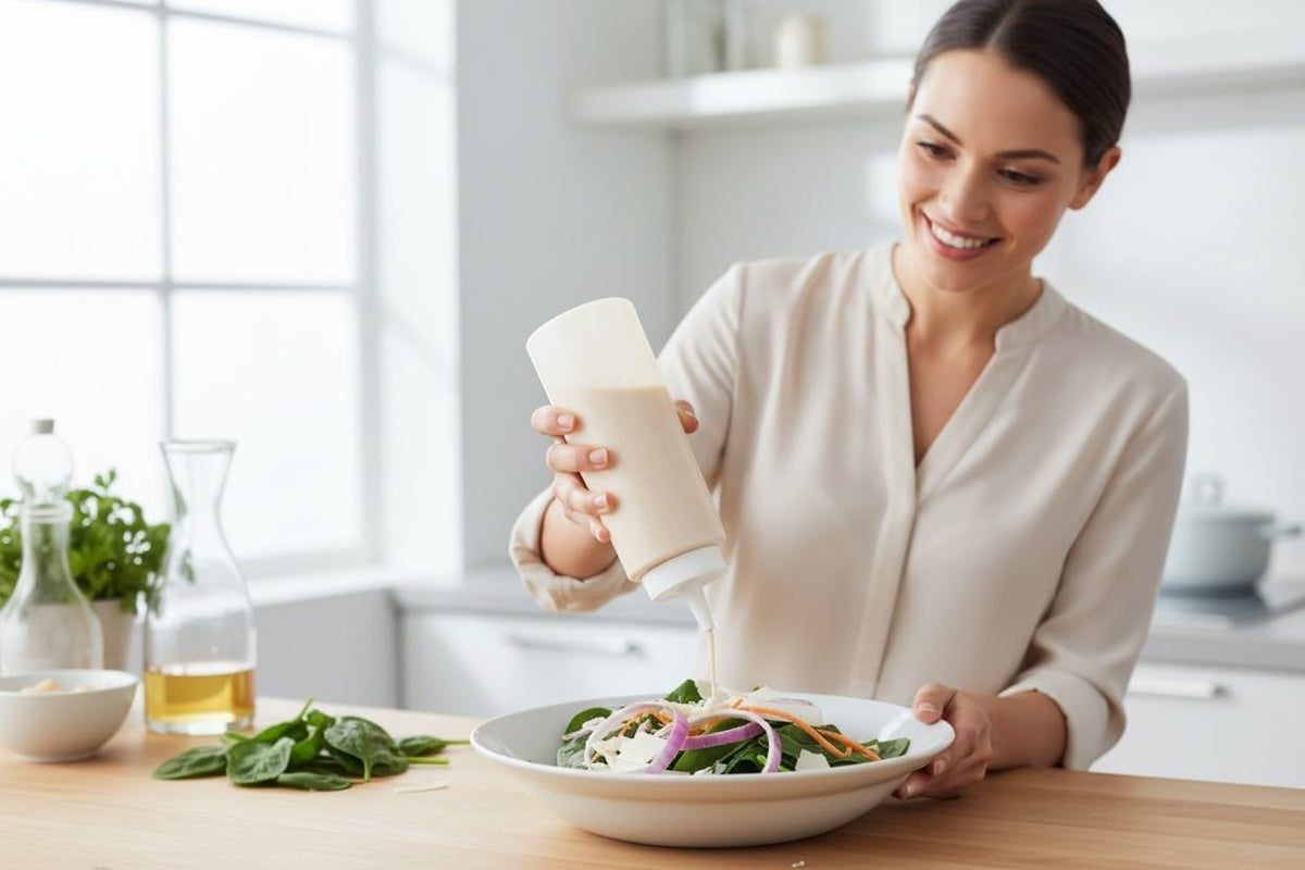 Salad being served with a condiment squeeze bottle