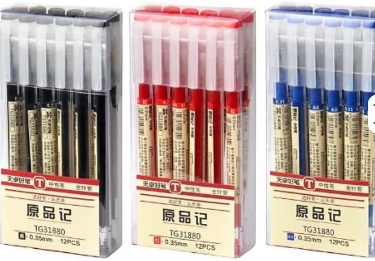Gel Ink Pens 0.35mm Fine Needle Tip, 12 Pack, Black/Blue/Red