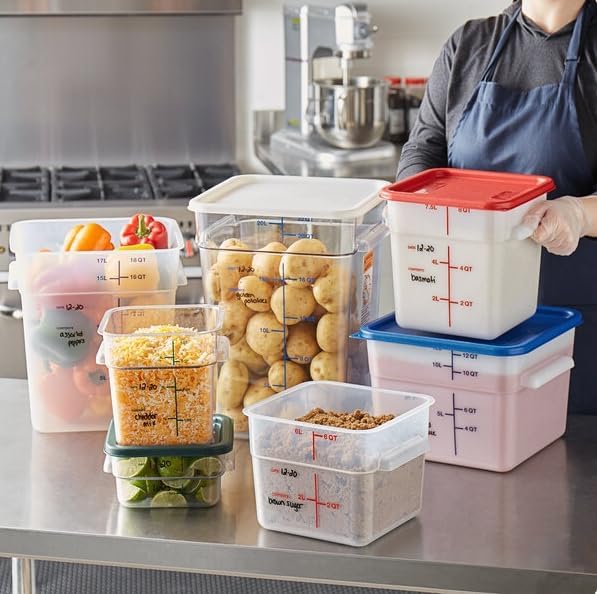 Pantry containers with different colored lids illustrating storage ideas