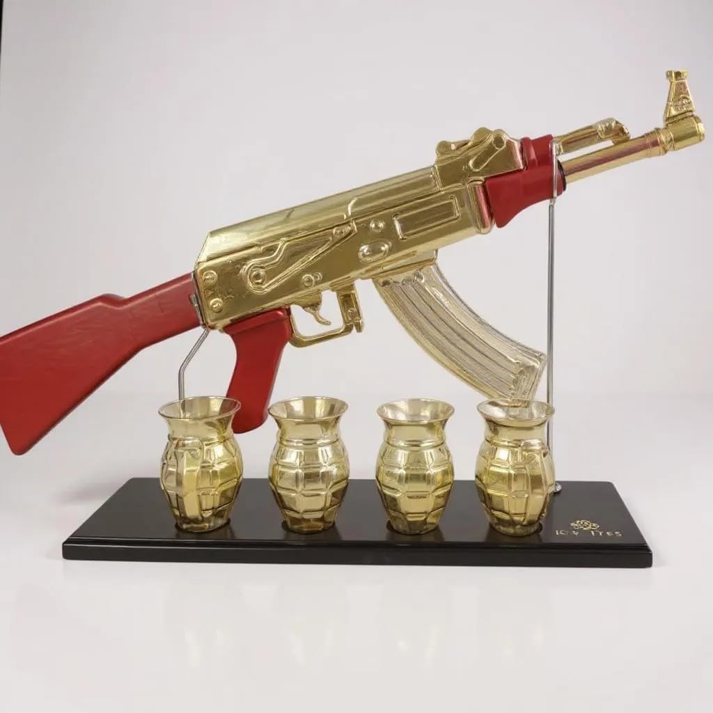 Luxury Gold AK-47 Whiskey Decanter Set, Red Accents, Glass Rifle Display Stand with 4 Grenade Shot Glasses,