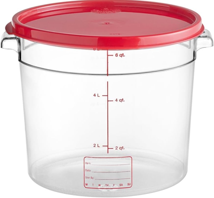 Clear 6 qt round polycarbonate food container with red lid