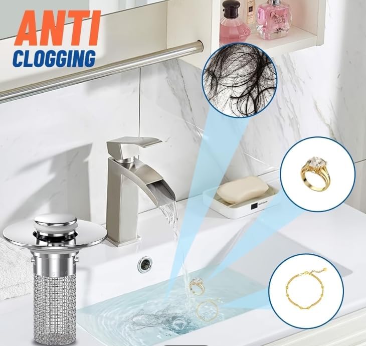 Pop-Up Sink Drain Stopper with SUS304 Stainless Steel Filter Basket, Chrome Silver, Fits 1.1-1.45 in, 2 Pack