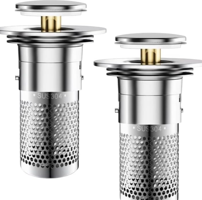 Pop-Up Sink Drain Stopper with SUS304 Stainless Steel Filter Basket, Chrome Silver, Fits 1.1-1.45 in, 2 Pack