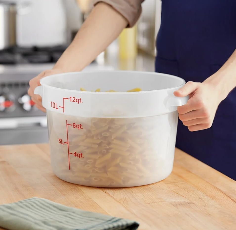 12 Qt. Round Food Storage Container, Translucent White, Polypropylene, with Measurement Markings