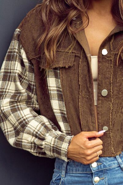 Raw Hem Plaid Cropped Hooded Jacket – Trendy Buttoned Outerwear with Casual Raw Hem Detail