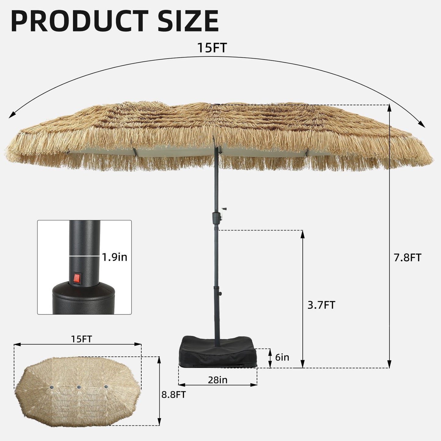 Ainfox 15ft Large Thatched Tiki Patio Umbrella with Stand and Sandbags, Outdoor Heavy-Duty Double-Sided Rectangle Market Umbrella for Garden, Deck, Backyard, Pool, Beach