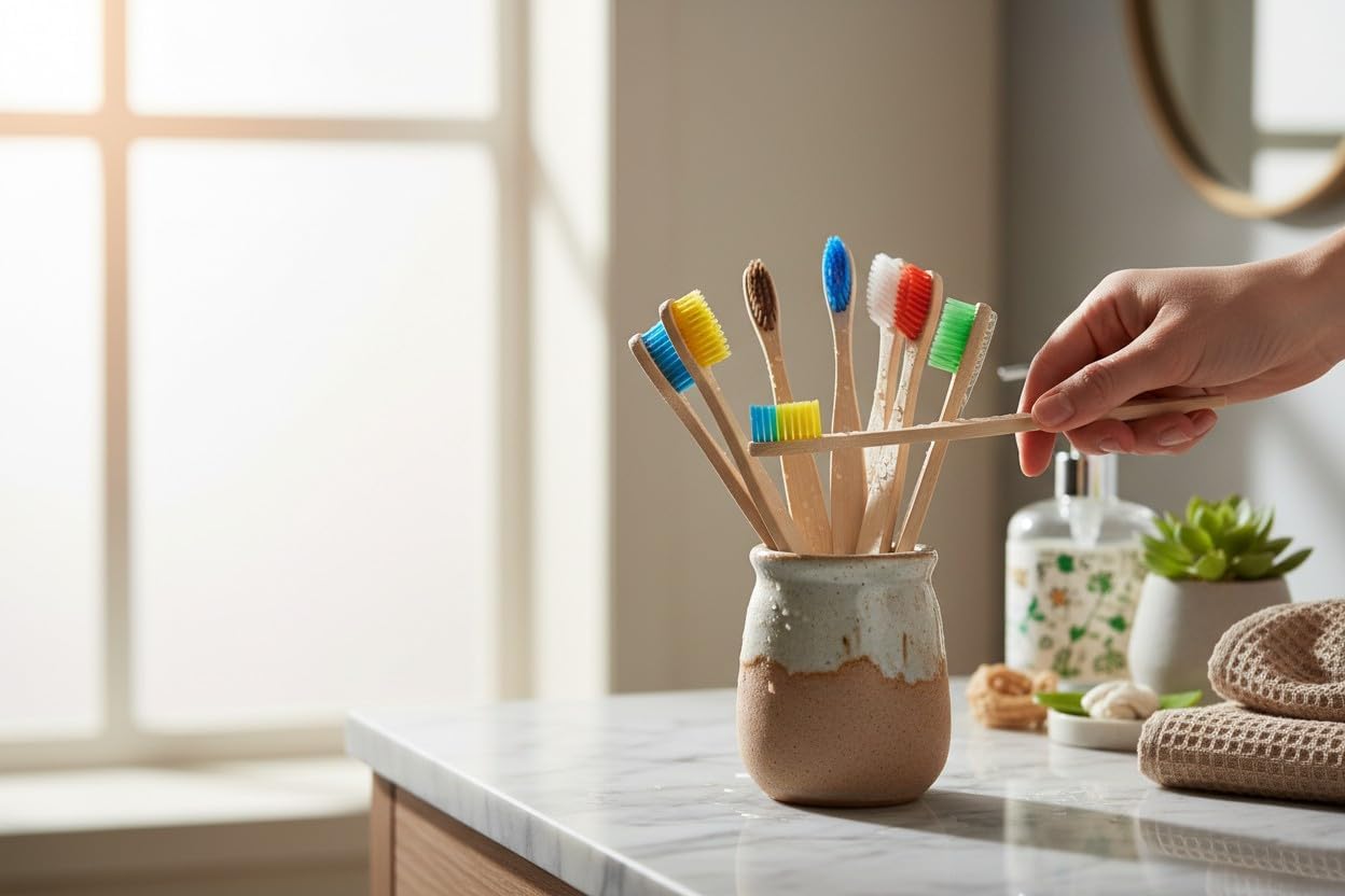 Natural Bamboo Toothbrushes, Colorful Soft Bristles, Manual, Adult, 10 Pack