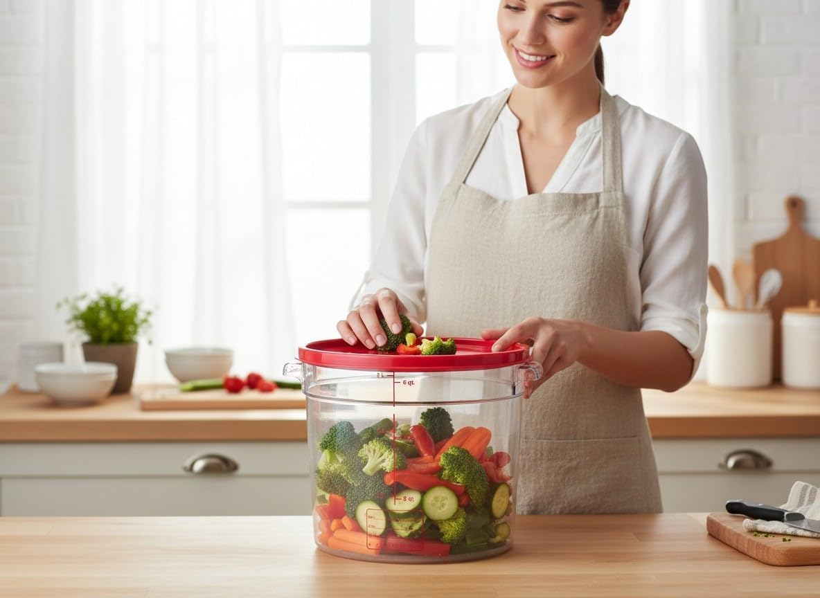 Prepared salads and round containers beside a cutting board