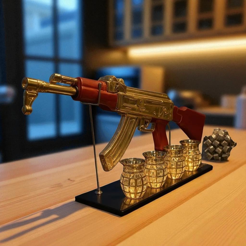 Luxury Gold AK-47 Whiskey Decanter Set, Red Accents, Glass Rifle Display Stand with 4 Grenade Shot Glasses,