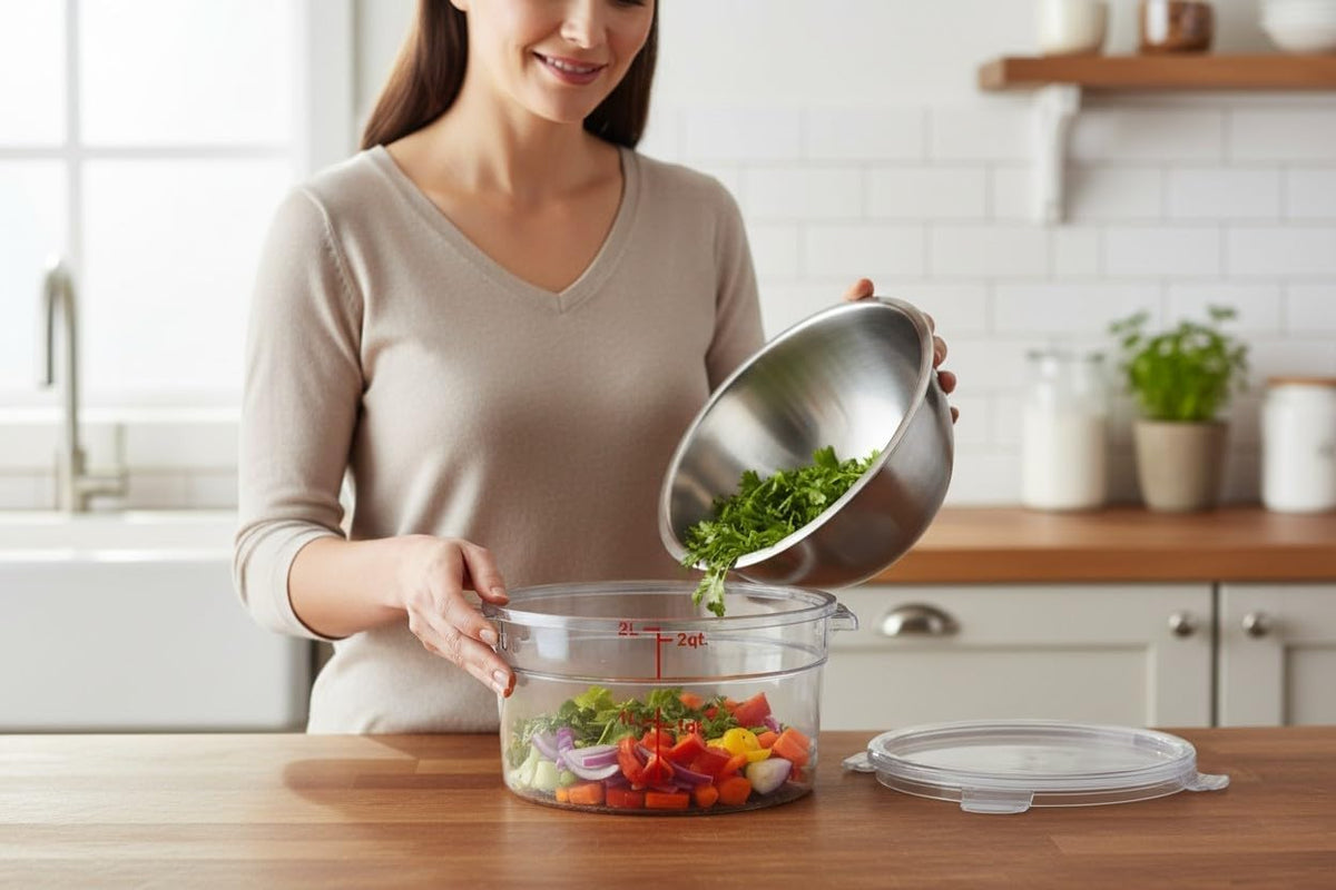 Round Polycarbonate Food Storage Container with Lid, Clear, 2 Qt, Stackable, Measurement Markings