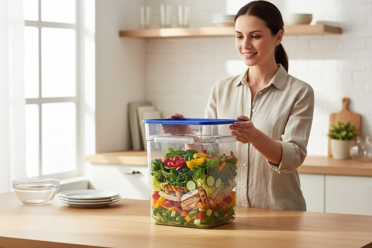 Blue lid being closed over stored vegetables